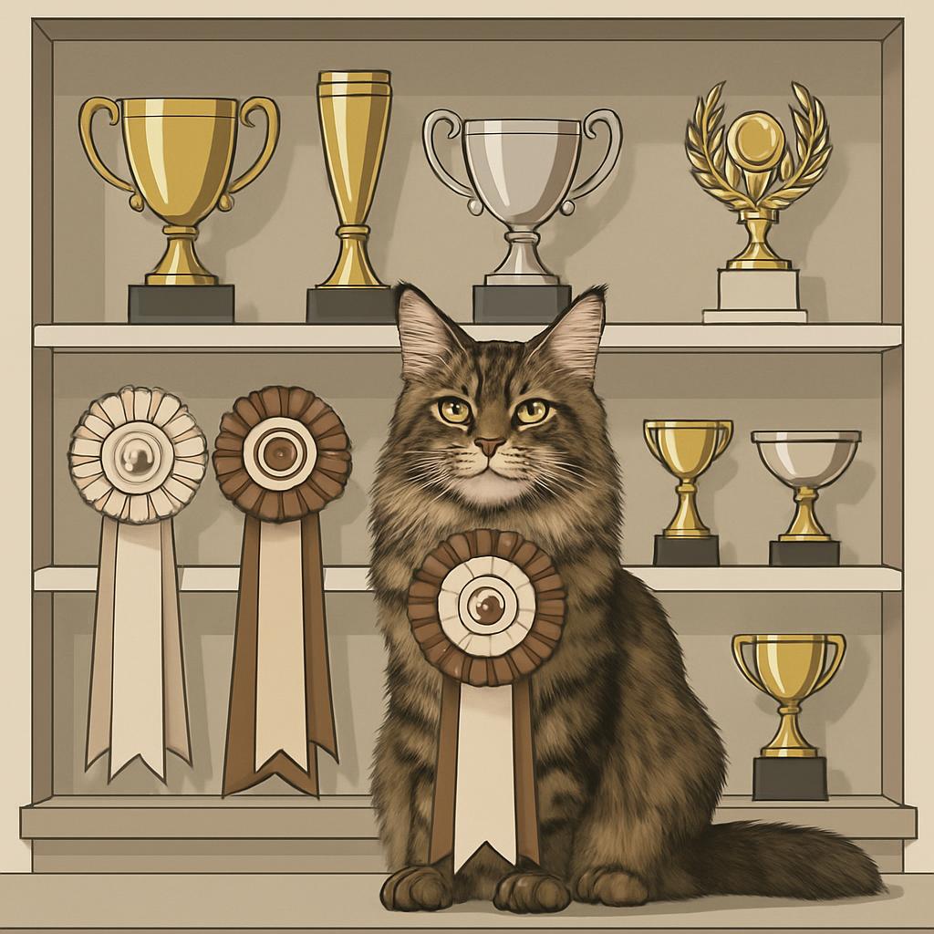 Several trophies, including cups, medals, and trophies of victory sits on a wall of shelves, next to the cat shown.