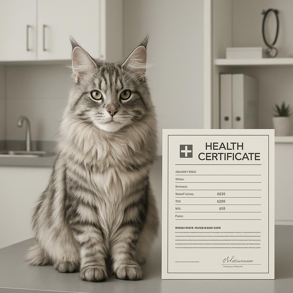 Cats, health certificate, [black-and-white image of clipboard with traditional columns on the left including "General," "V...