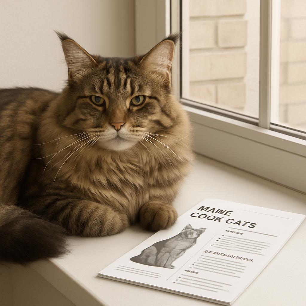 A large brown tabby cat sits on a windowsill next to a white booklet on Maine Coon Cats.