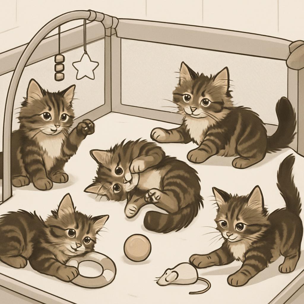 A cartoon-style illustration of six tabby kittens playing with toys in a playpen. They vary in age, and most have stripes ...