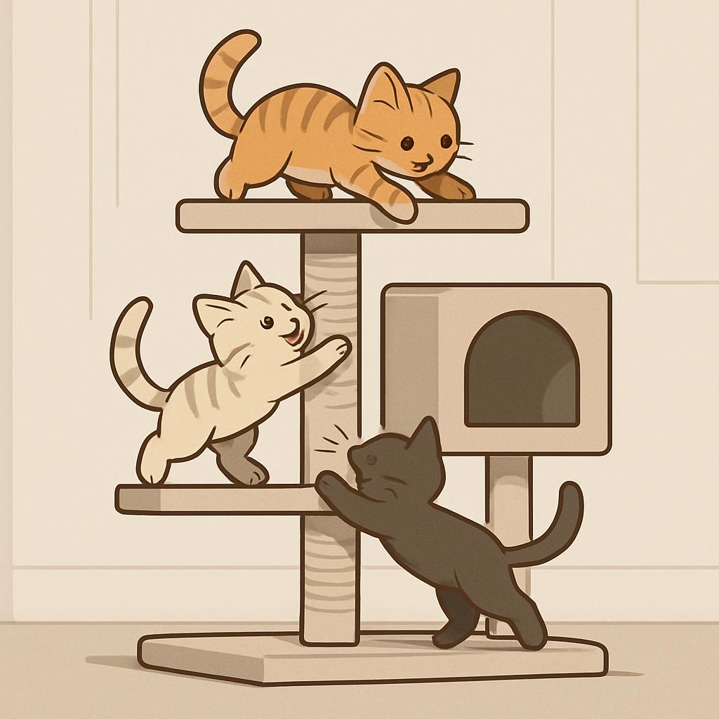 - An illustration of three cartoon cats on a cat tree in tones of olive, sandy beige, and maize. [Caption: A cartoon cat t...