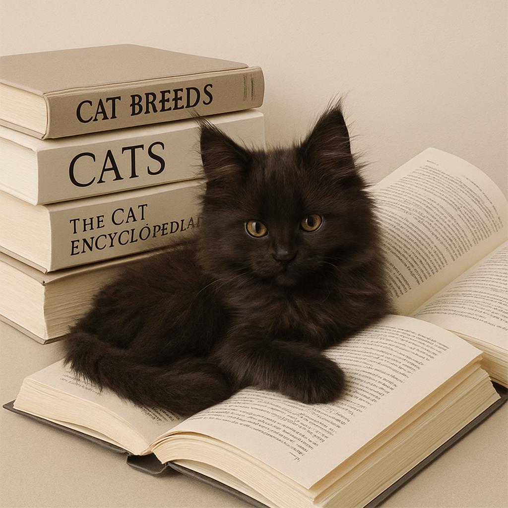 A black cat sits atop an open book, accompanied by a stack of three additional books in the background that read "Cat Bree...